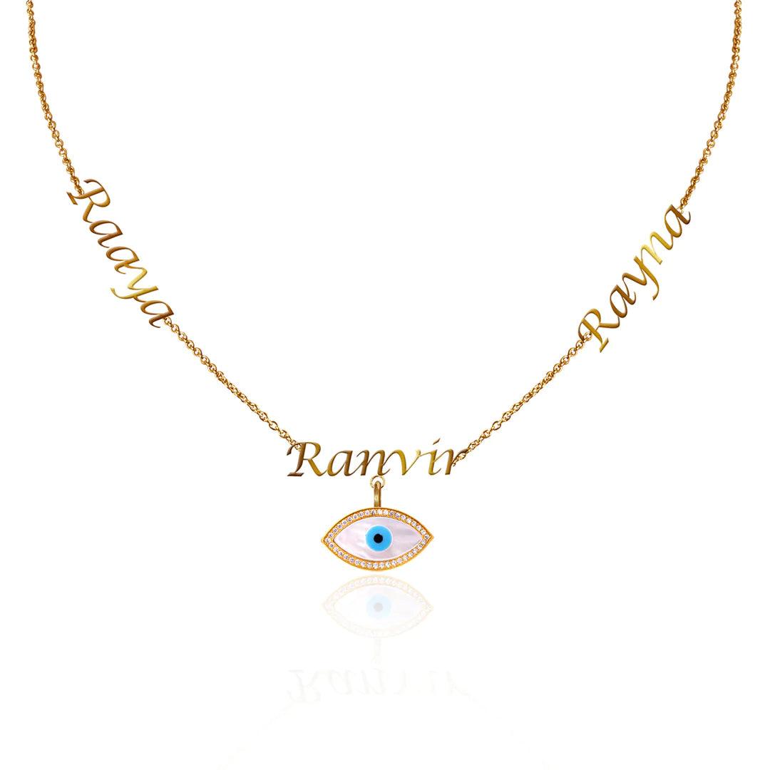 Personalized Trio Name Evil Eye Charm Layered Necklace - Bansri Mehta Design