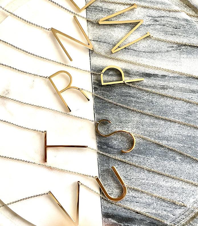 Sideway Big Initial 18k Gold Plated A-Z Pendant Necklace - Bansri Mehta Design