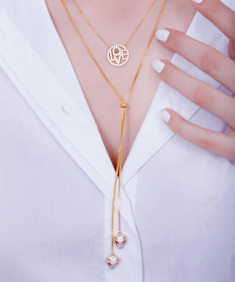 Double Headed Panthera Adjustable Lariat Necklace - Bansri Mehta Design