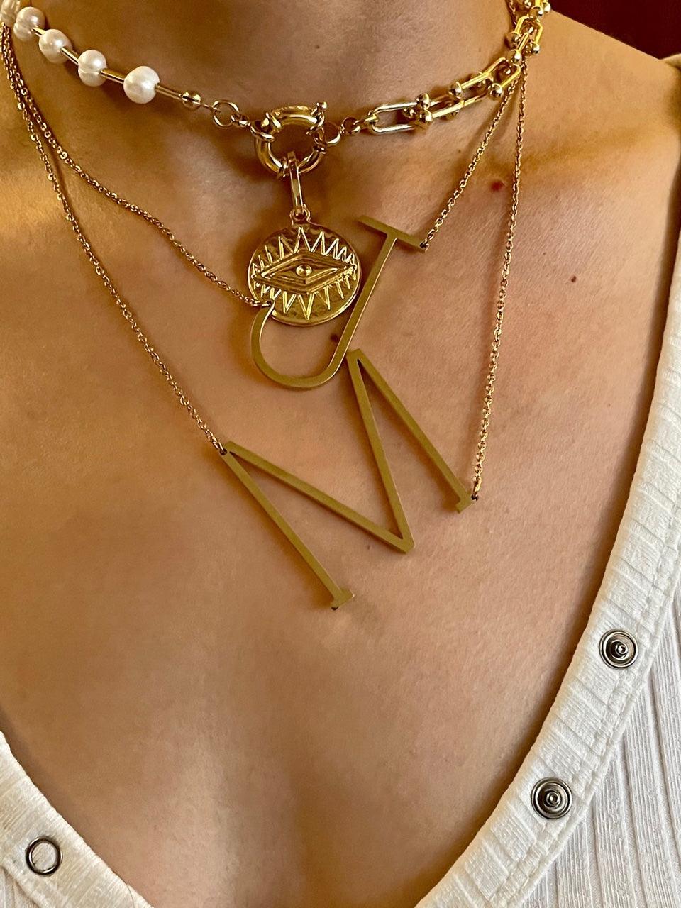 Sideway Big Initial 18k Gold Plated A-Z Pendant Necklace - Bansri Mehta Design