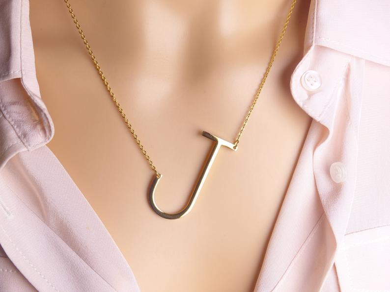 Sideway Big Initial 18k Gold Plated A-Z Pendant Necklace - Bansri Mehta Design