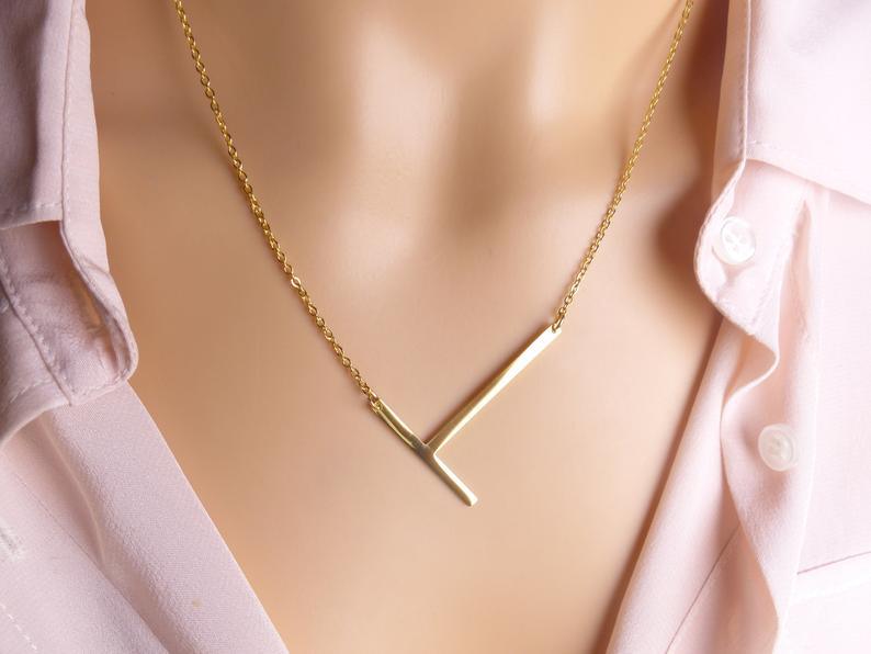 Sideway Big Initial 18k Gold Plated A-Z Pendant Necklace - Bansri Mehta Design