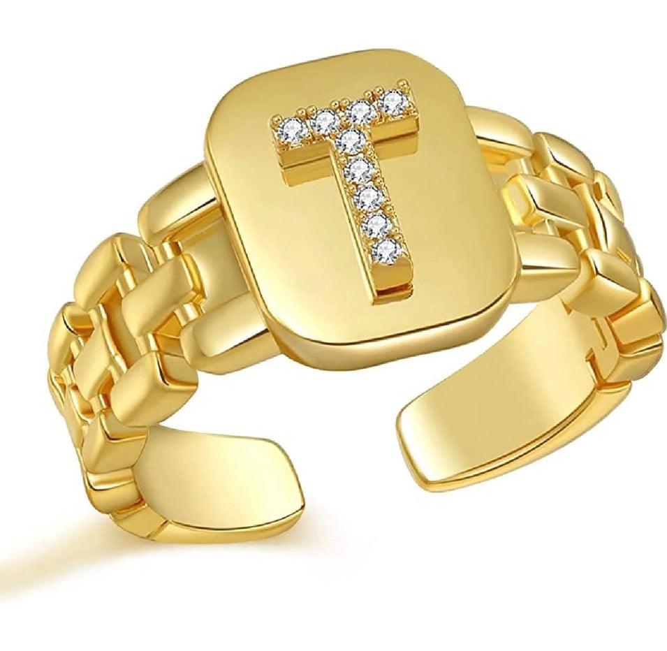 Gold Band Initial Letter Ring - Bansri Mehta Design