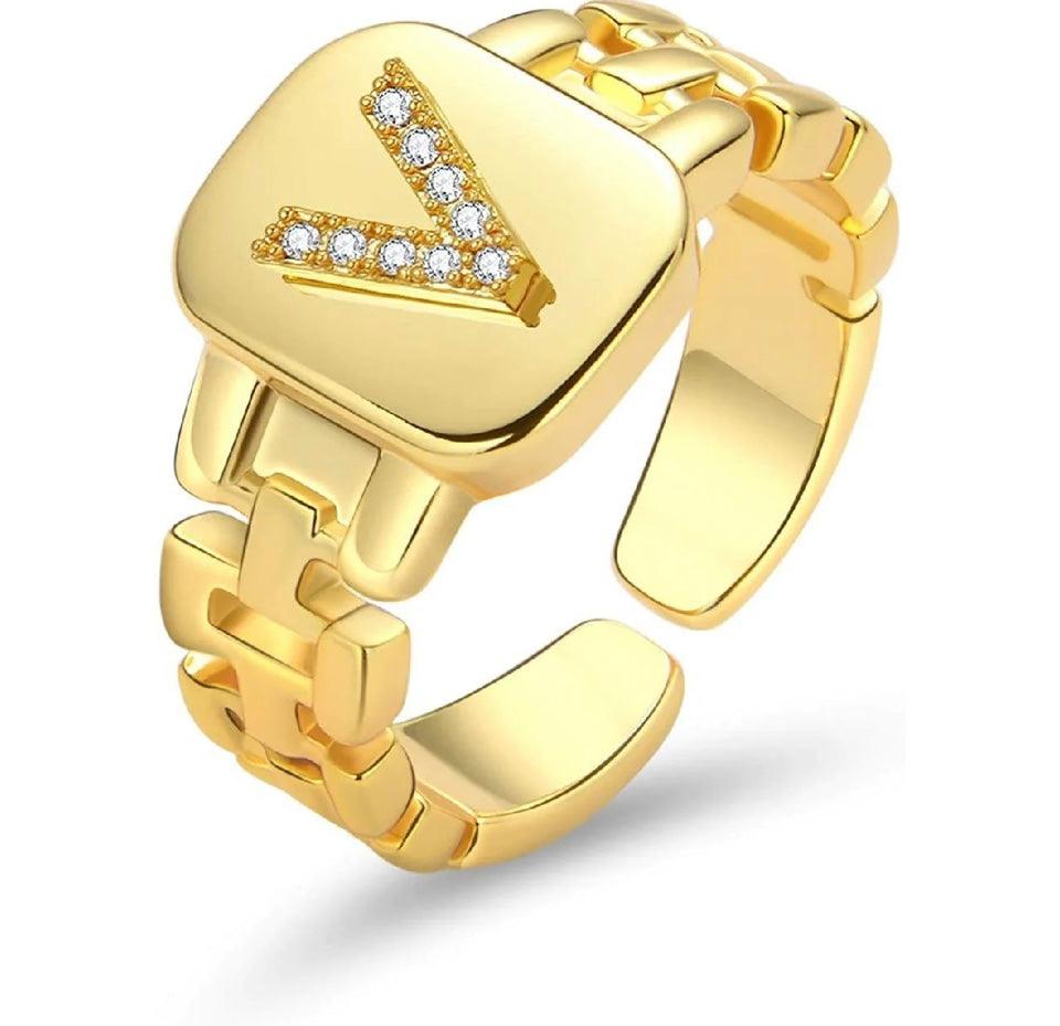 Gold Band Initial Letter Ring - Bansri Mehta Design