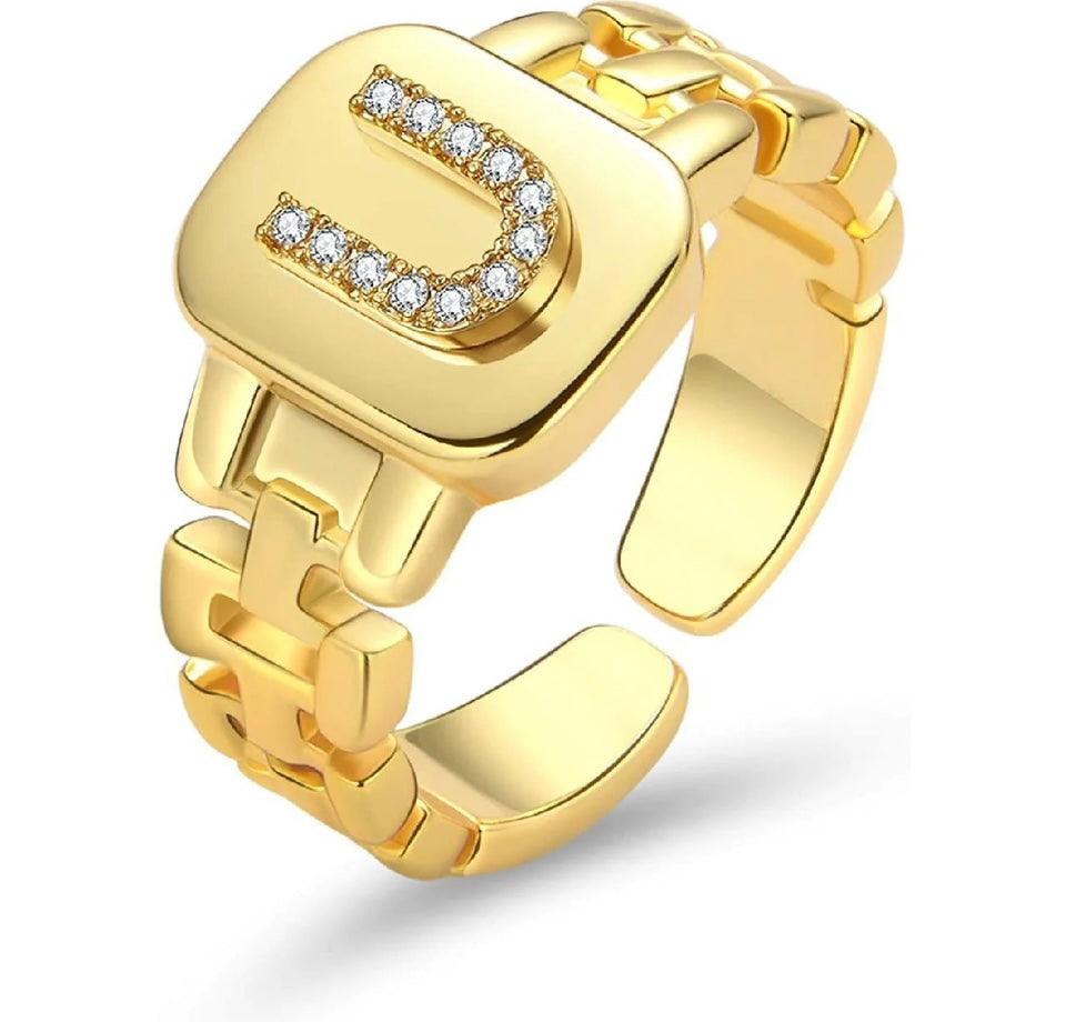 Gold Band Initial Letter Ring - Bansri Mehta Design