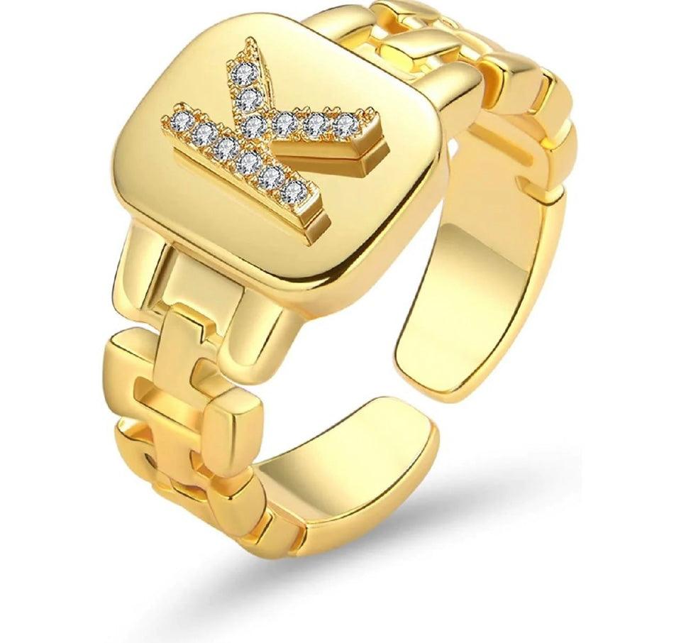 Gold Band Initial Letter Ring - Bansri Mehta Design