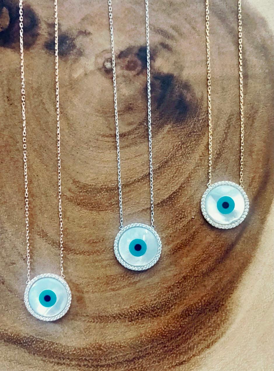 Evil Eye Mother of Pearl Disc Necklace - Bansri Mehta Design