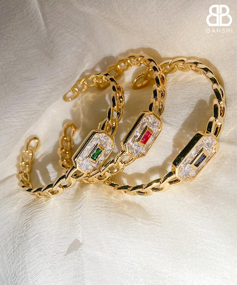Cuban Link Baguette Stone Adjustable Bracelet Cuff - Bansri Mehta Design