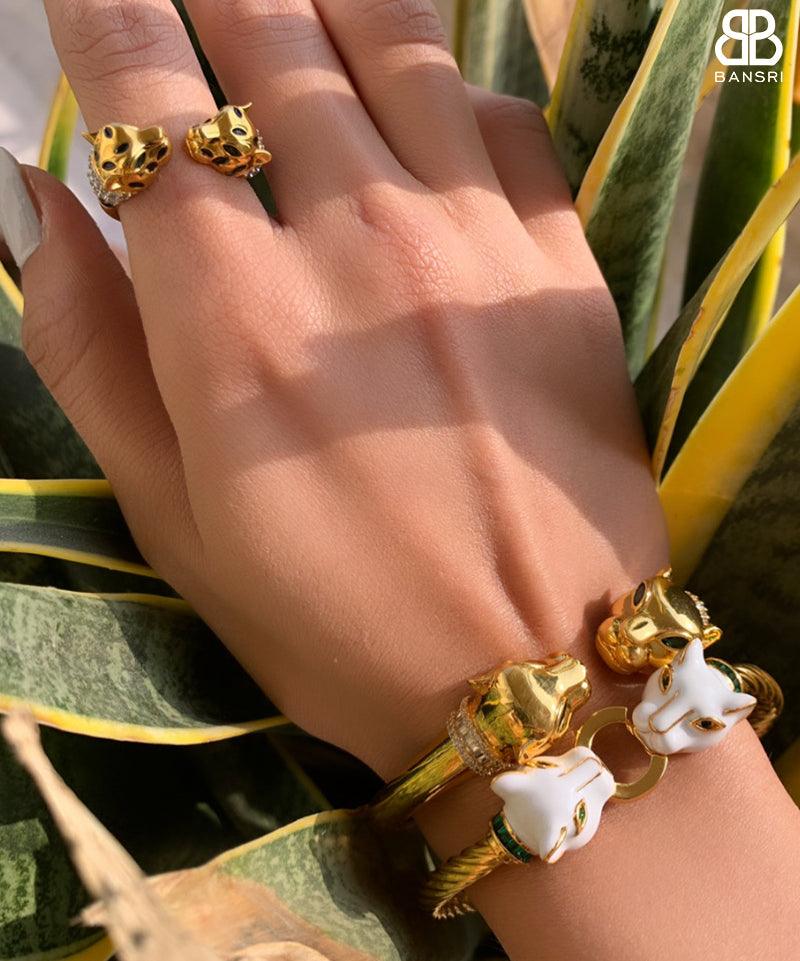 Double Headed Enamel Panther Headed Bangle Bracelet - Bansri Mehta Design