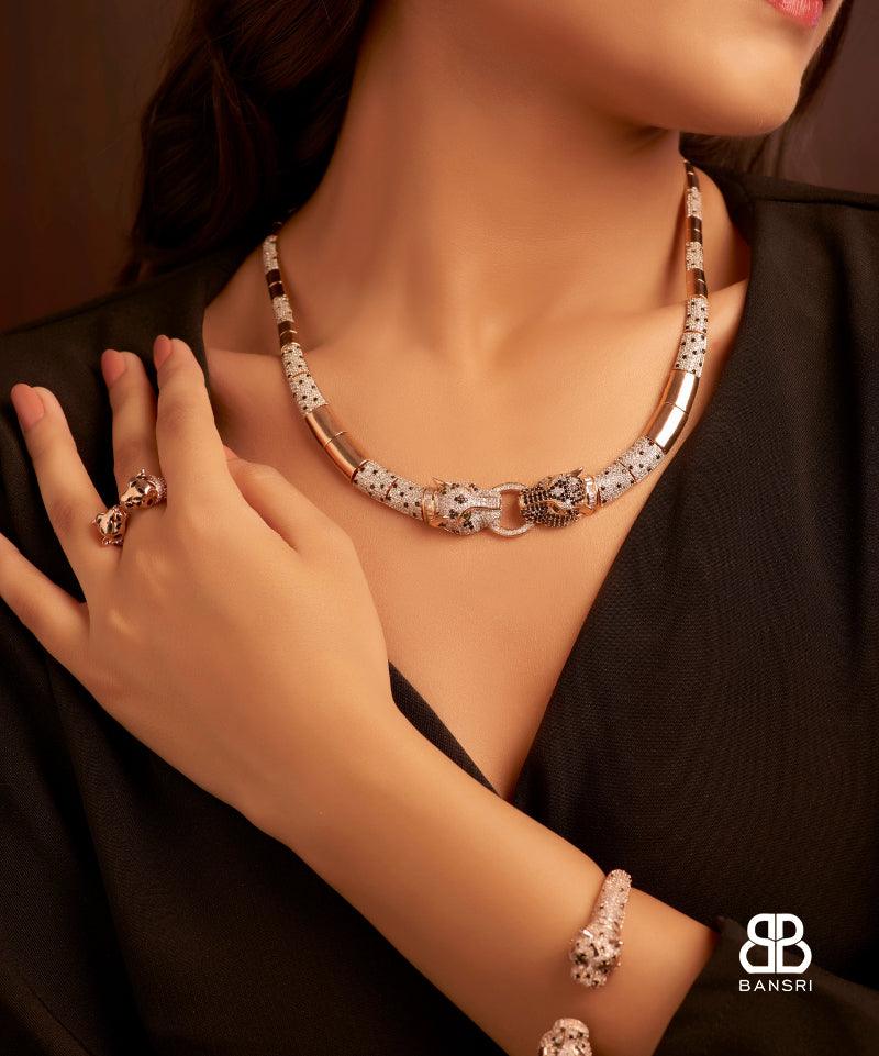 Le Panthera Rosegold Collar Necklace & Bracelet & Earring Set - Bansri Mehta Design