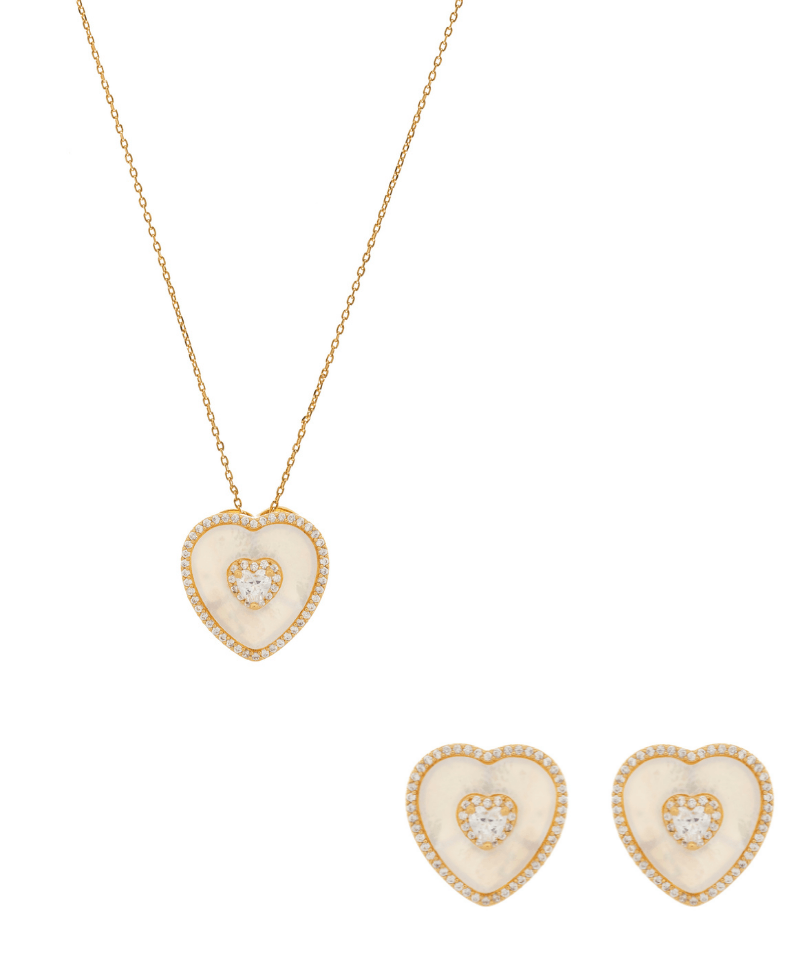 Mother of Pearl Heart Solitaire Necklace & Earring Set - Bansri Mehta Design