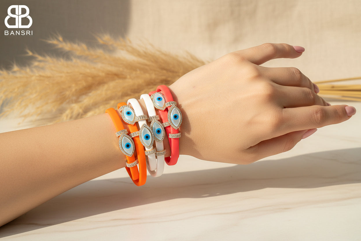 Double Evil Eye Adjustable Wrap Bracelet-Necklace Choker with Swarovski Crystals - Bansri Mehta Design