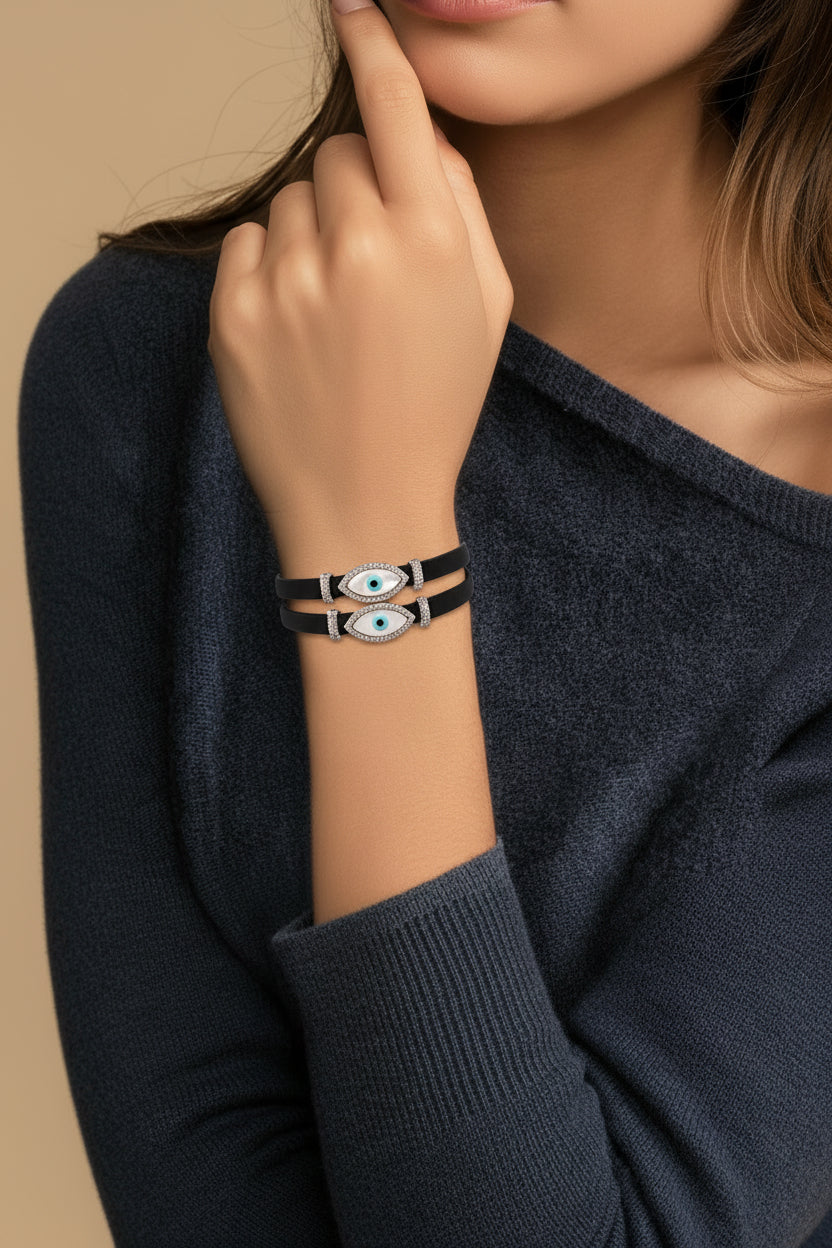 Double Evil Eye Adjustable Wrap Bracelet-Necklace Choker with Swarovski Crystals - Bansri Mehta Design