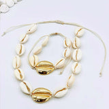 Cowrie Shell White & Gold Choker Necklace & Bracelet Set - Bansri Mehta Design