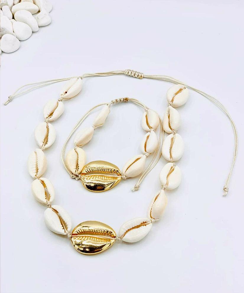 Cowrie Shell White & Gold Choker Necklace & Bracelet Set - Bansri Mehta Design