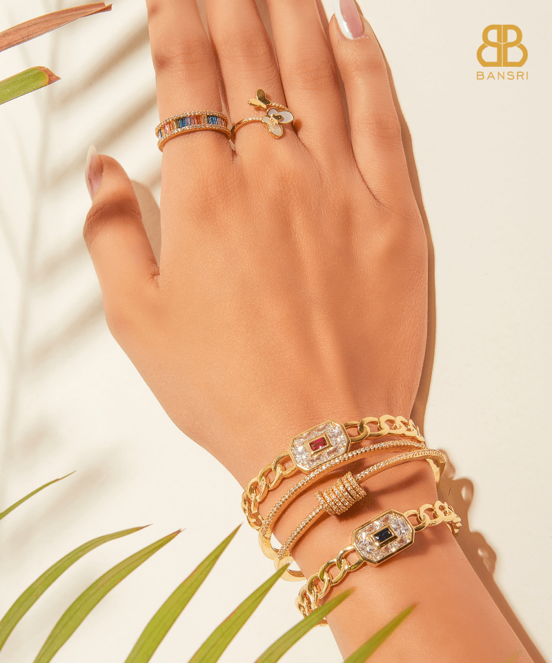 Cuban Link Baguette Stone Adjustable Bracelet Cuff - Bansri Mehta Design
