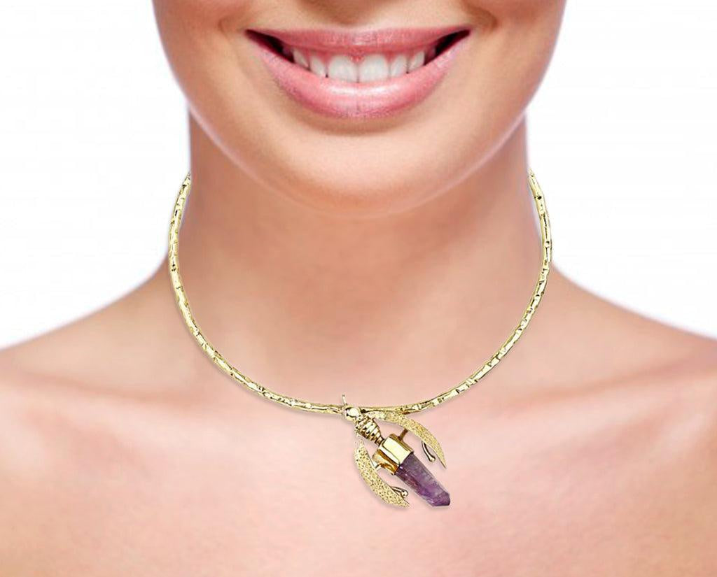 Bumble Bee Collar Necklace in Amethyst Quartz and 18K Gold - Bansri Mehta Design