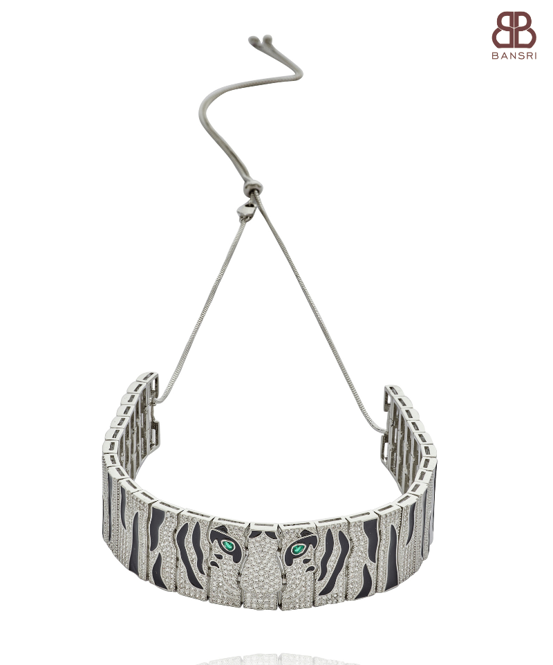 Link Panther Face Diamonte Choker Necklace - Bansri Mehta Design