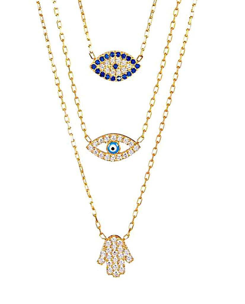 Layered Evil Eye Hamsa Necklace with Swarovski Crystals - Bansri Mehta Design