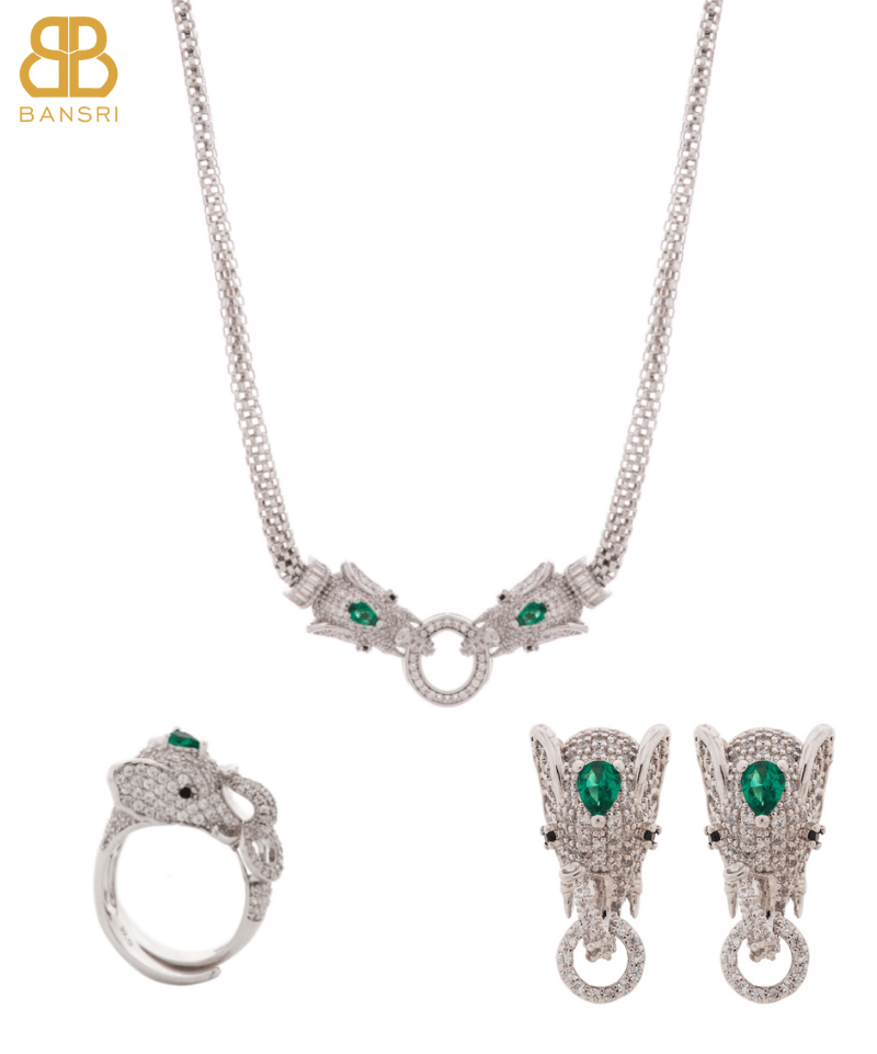 Royal Double Headed Elephant Baguette Collar Necklace, Earring & Ring Set - Bansri Mehta Design
