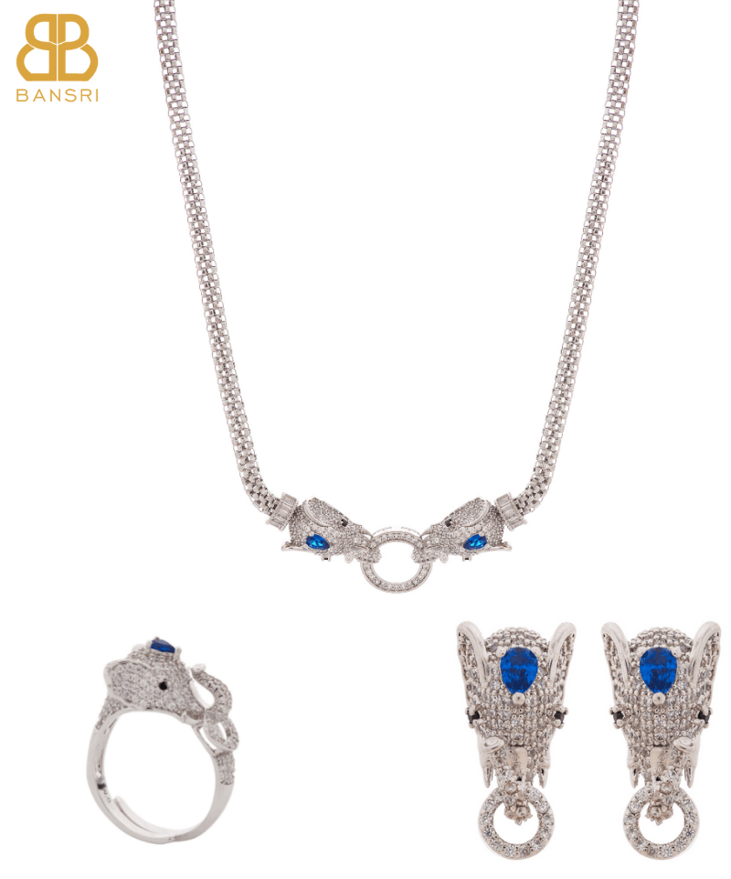 Royal Double Headed Elephant Baguette Collar Necklace & Earring and Ring Set - Bansri Mehta Design