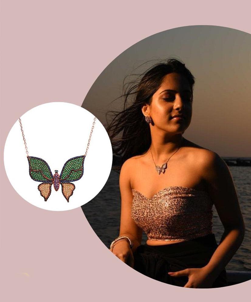 Green and Gold Butterfly Necklace with Swarovski Crystals - Bansri Mehta Design