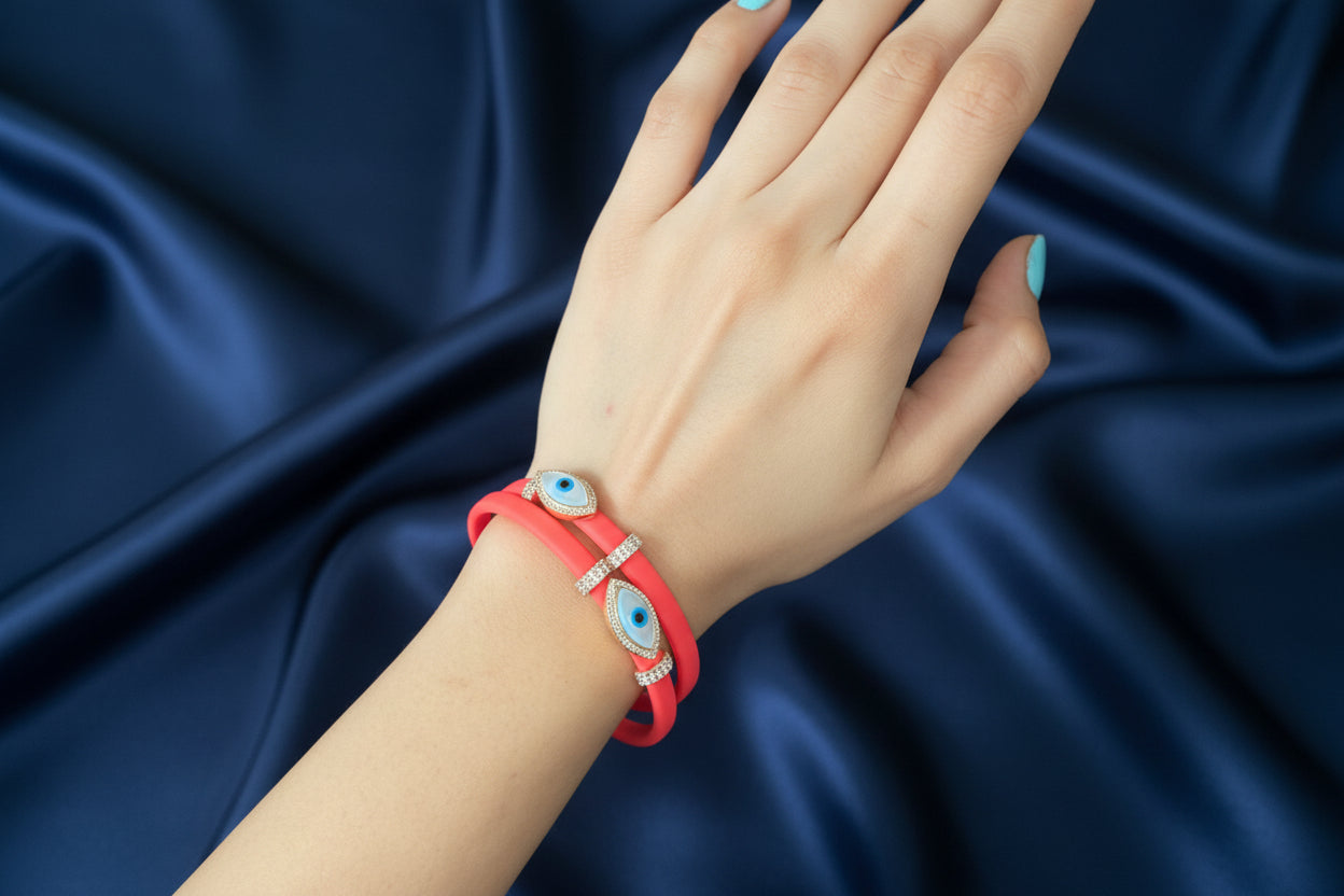 Double Evil Eye Adjustable Wrap Bracelet-Necklace Choker with Swarovski Crystals - Bansri Mehta Design