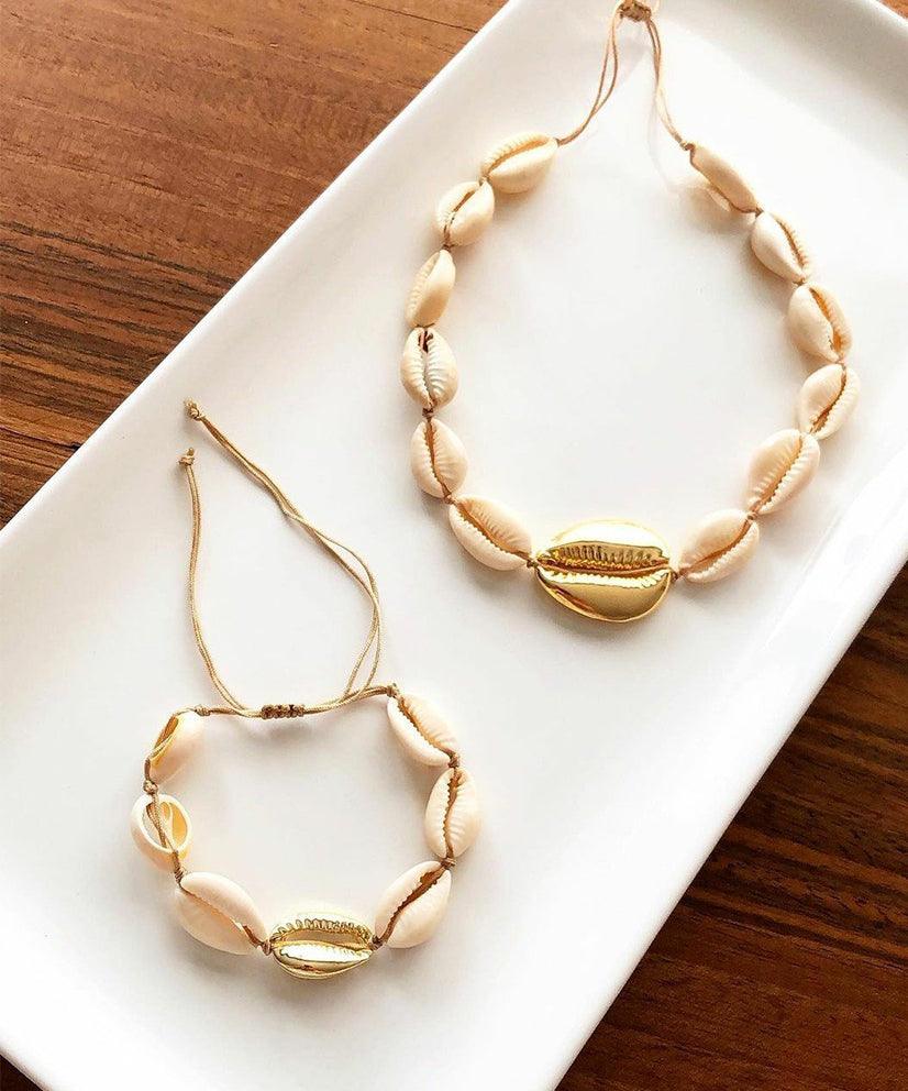 Cowrie Shell White & Gold Choker Necklace & Bracelet Set - Bansri Mehta Design