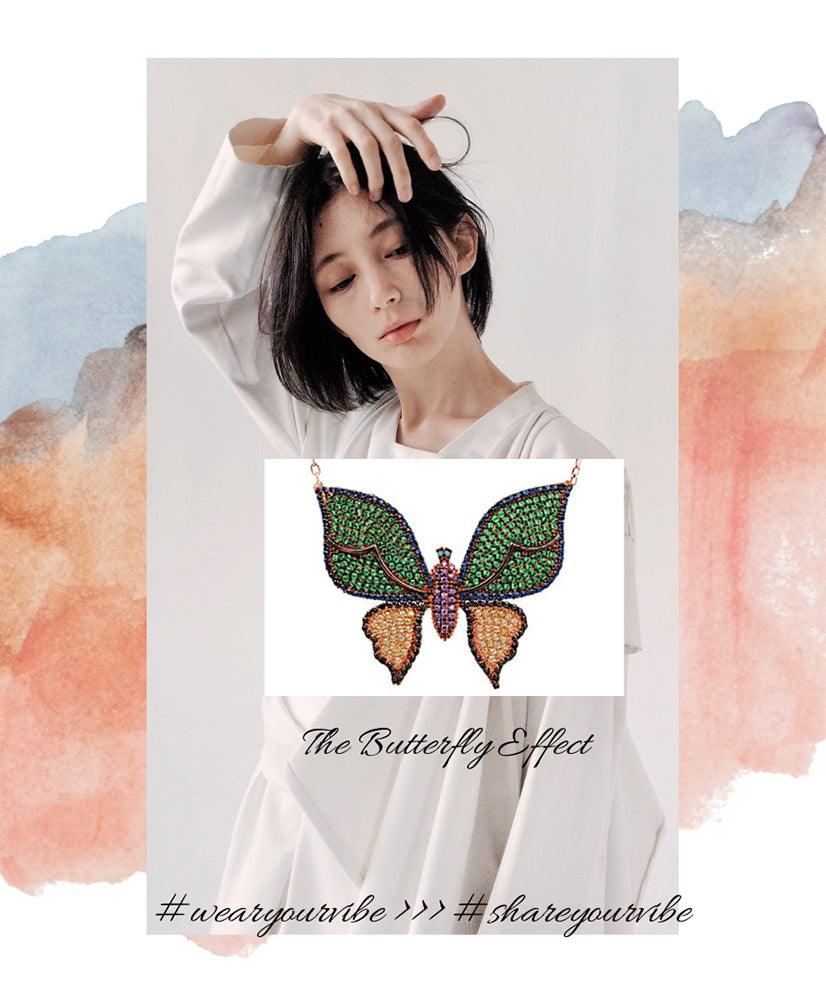 Green and Gold Butterfly Necklace with Swarovski Crystals - Bansri Mehta Design