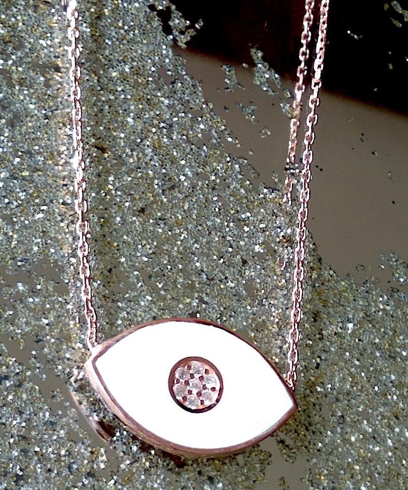 White Evil Eye Enamel & Crystal Encrusted Necklace - Bansri Mehta Design
