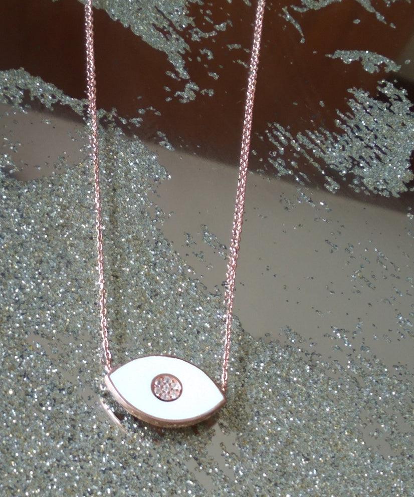 White Evil Eye Enamel & Crystal Encrusted Necklace - Bansri Mehta Design