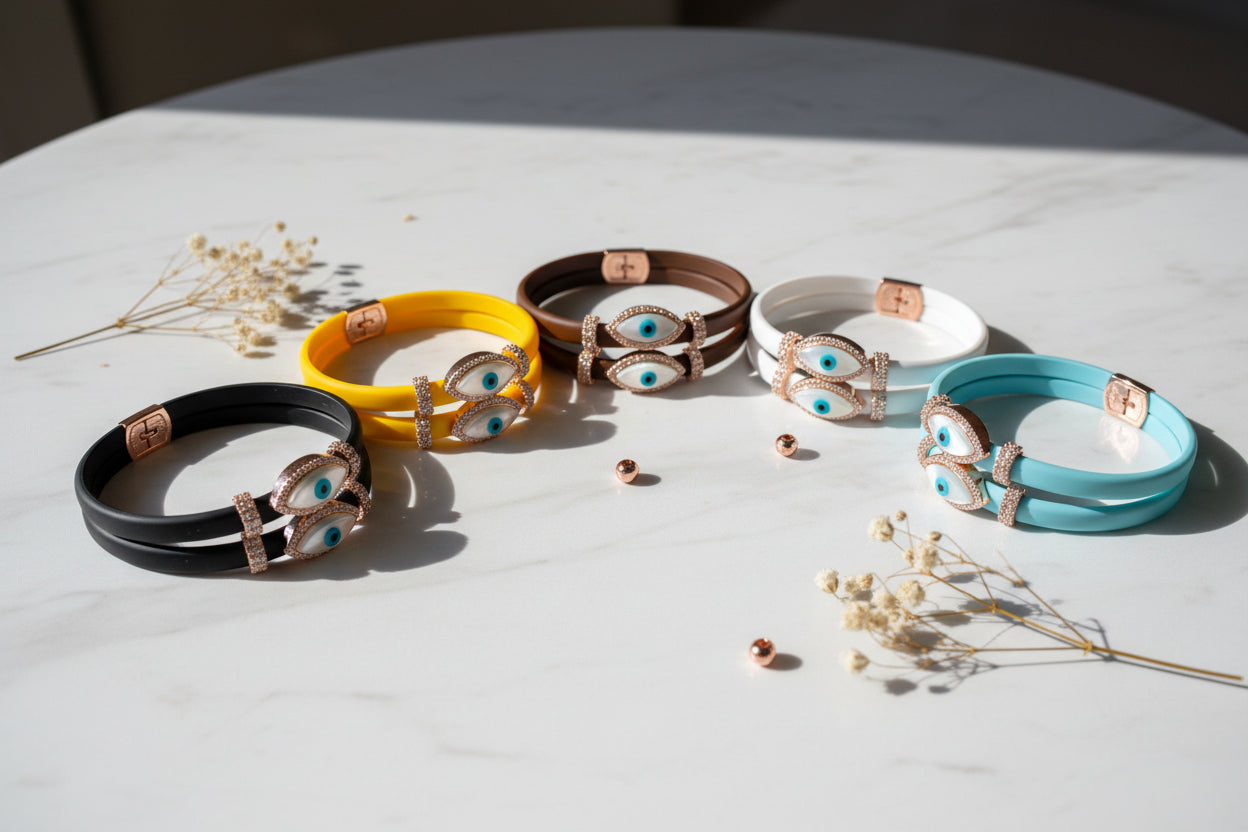 Double Evil Eye Adjustable Wrap Bracelet-Necklace Choker with Swarovski Crystals - Bansri Mehta Design