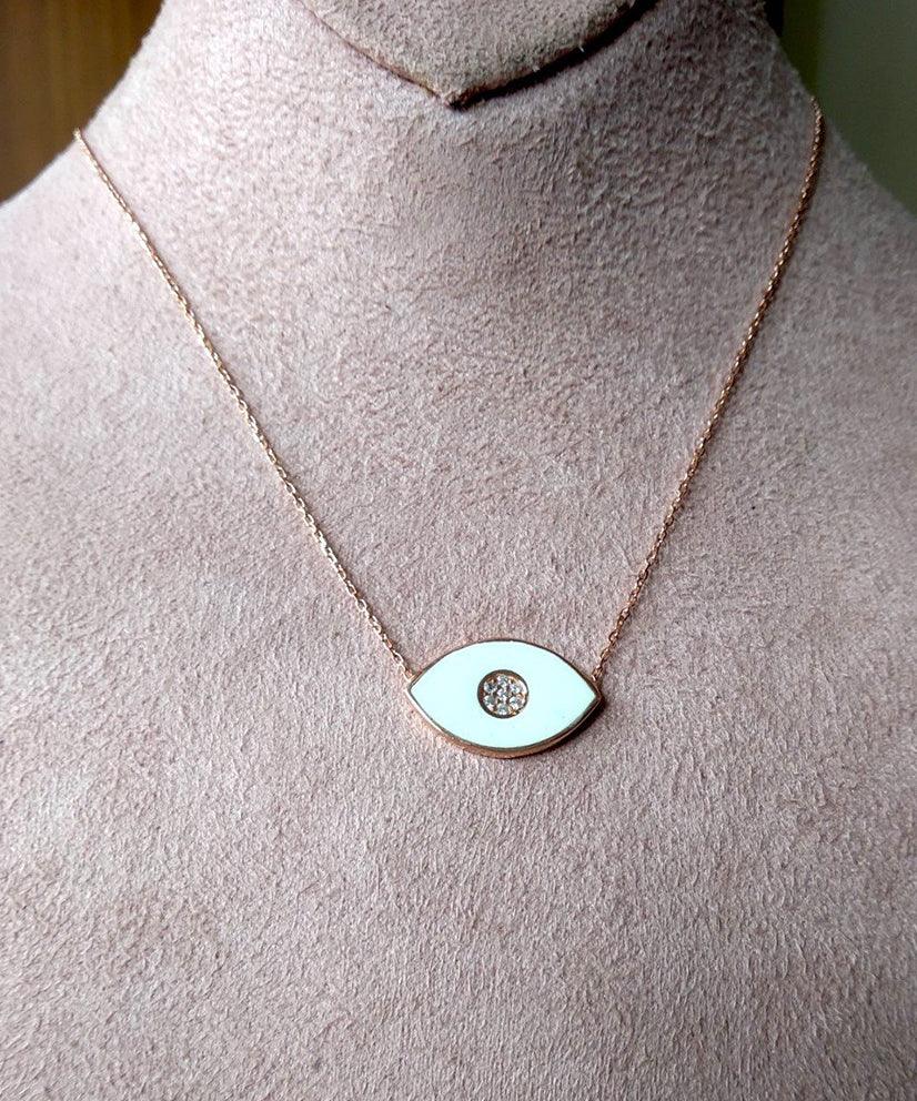 White Evil Eye Enamel & Crystal Encrusted Necklace - Bansri Mehta Design