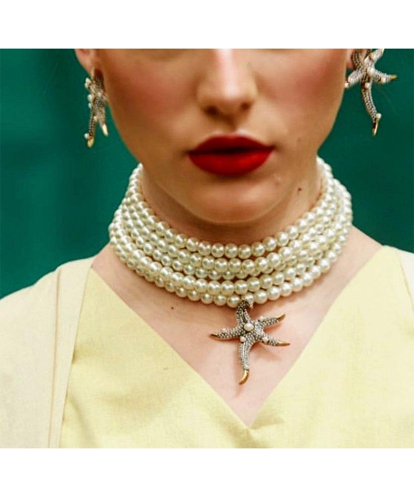 Detachable Starfish Pendant Pearl Choker Necklace & Earring Set - Bansri Mehta Design