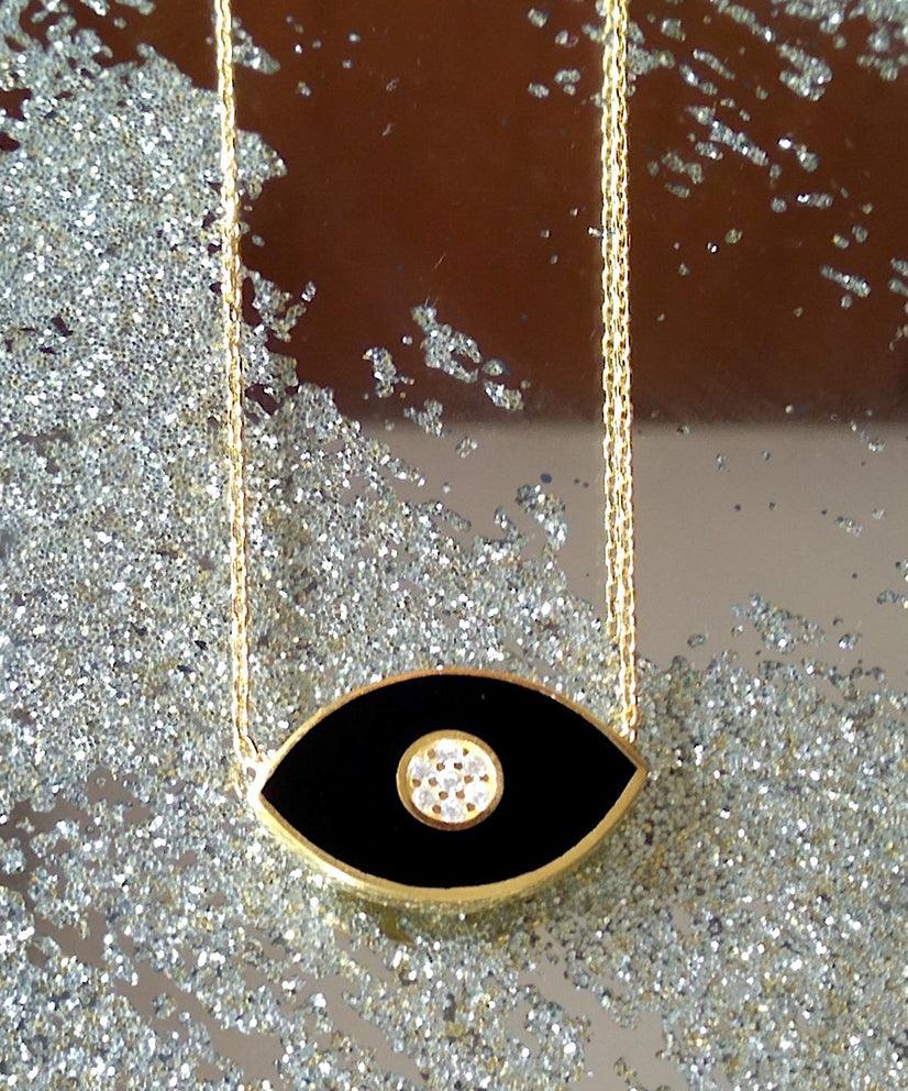 Black Evil Eye Enamel & Crystal Encrusted Necklace - Bansri Mehta Design