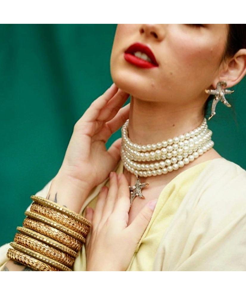 Detachable Starfish Pendant Pearl Choker Necklace & Earring Set - Bansri Mehta Design