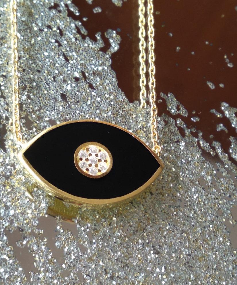 Black Evil Eye Enamel & Crystal Encrusted Necklace - Bansri Mehta Design