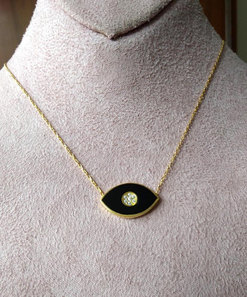 Black Evil Eye Enamel & Crystal Encrusted Necklace - Bansri Mehta Design