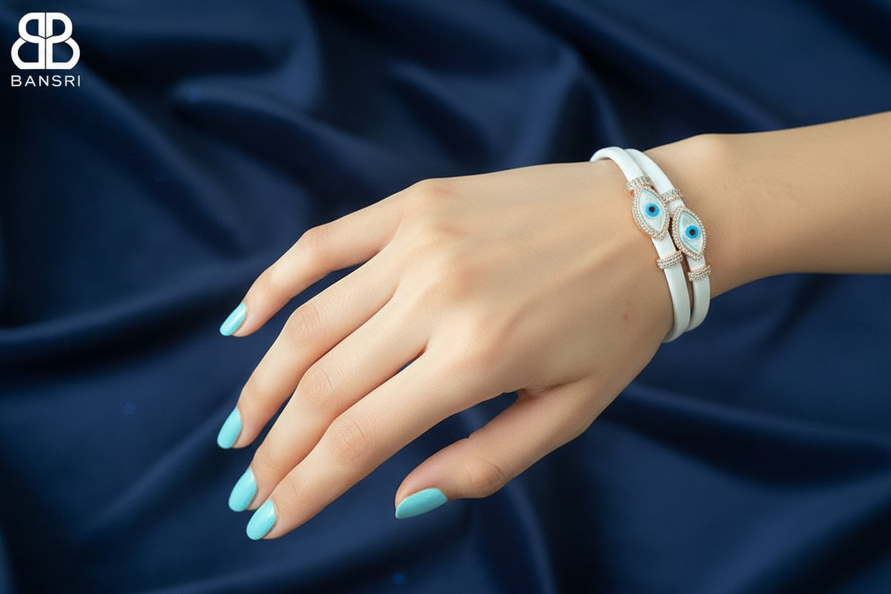 Double Evil Eye Adjustable Wrap Bracelet-Necklace Choker with Swarovski Crystals - Bansri Mehta Design