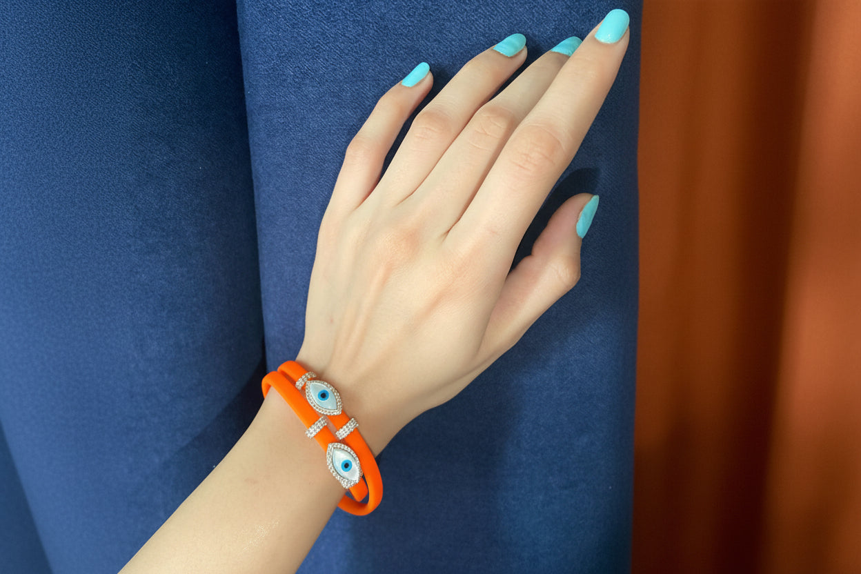 Double Evil Eye Adjustable Wrap Bracelet-Necklace Choker with Swarovski Crystals - Bansri Mehta Design