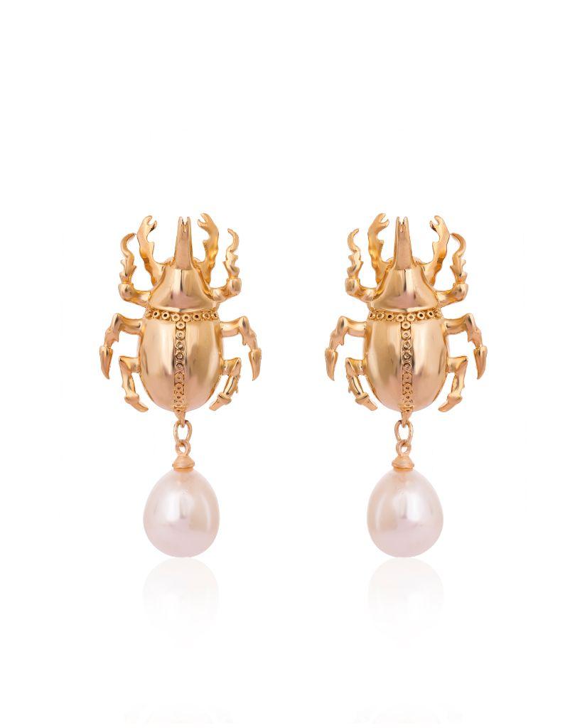 Scarab Pearl Drop Earrings - Bansri Mehta Design