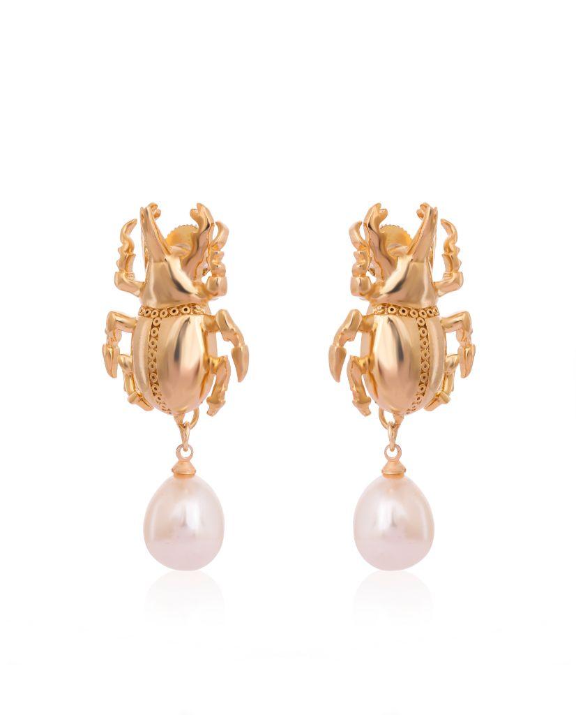 Scarab Pearl Drop Earrings - Bansri Mehta Design
