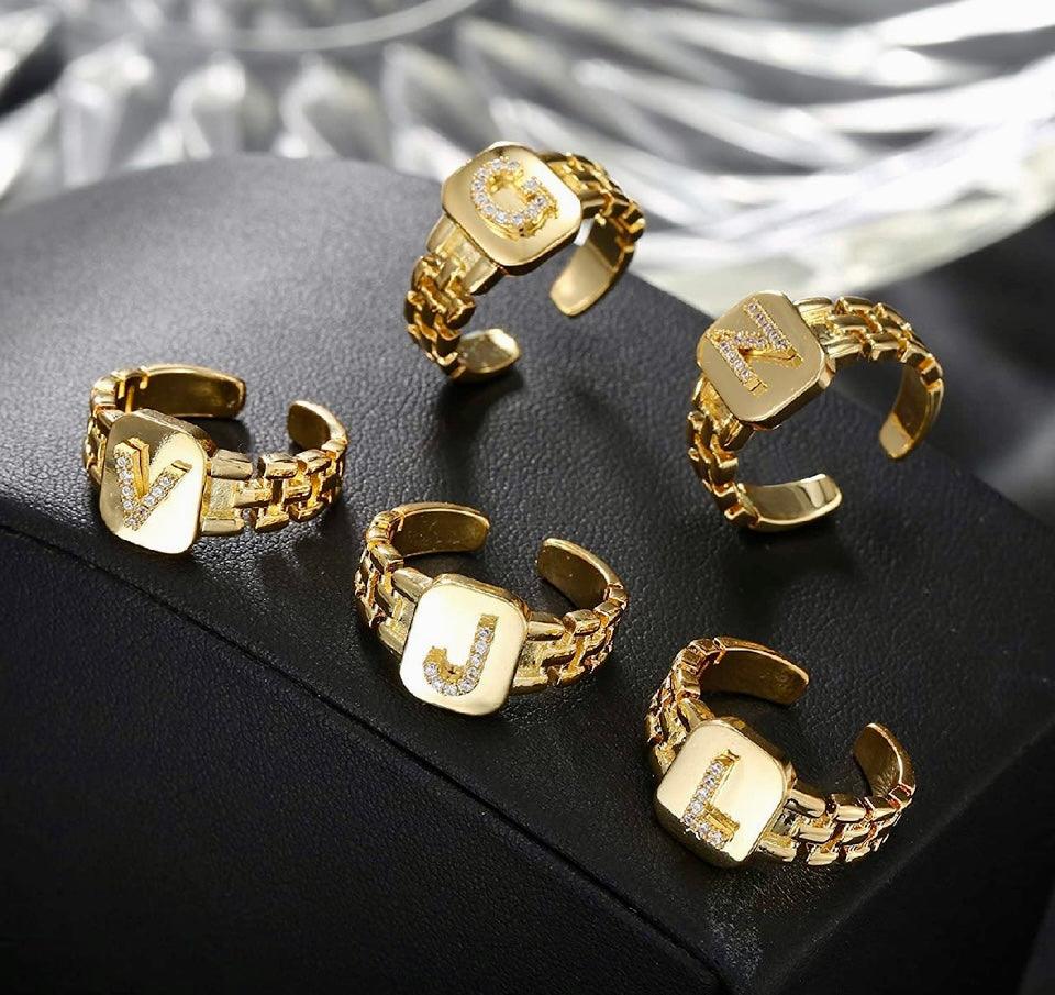 Gold Band Initial Letter Ring - Bansri Mehta Design