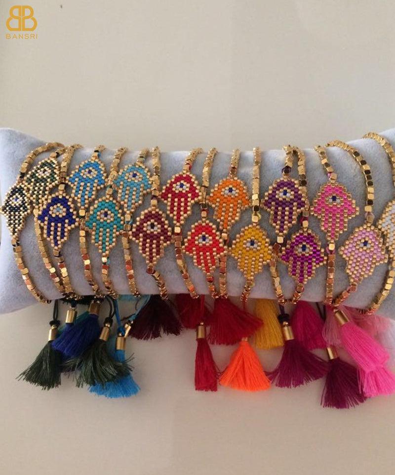 Mini Hamsa Beaded Adjustable Tassel Bracelet - Bansri Mehta Design