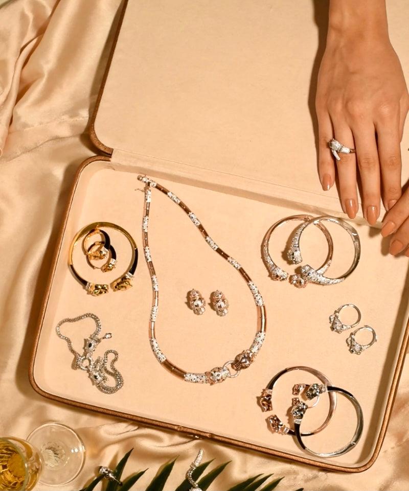 Gold Deux Panthera Headed Necklace, Bracelet Cuff, Earring & Ring - Bansri Mehta Design