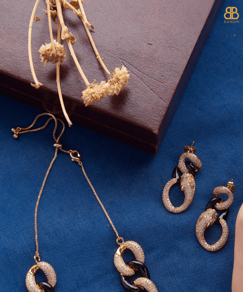 Cuban Link Twister Panther Necklace, Bracelet & Earring Set - Bansri Mehta Design
