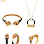 Gold Deux Panthera Headed Necklace, Bracelet Cuff, Earring & Ring - Bansri Mehta Design