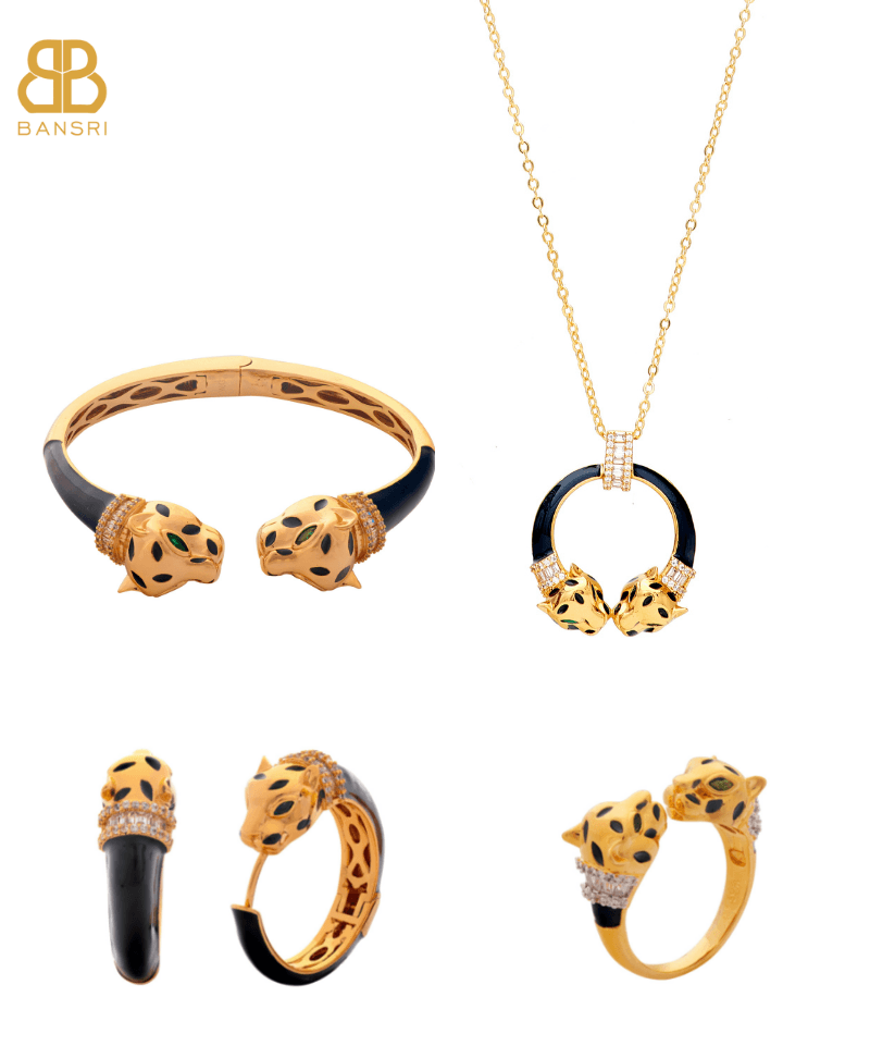 Gold Deux Panthera Headed Necklace, Bracelet Cuff, Earring & Ring - Bansri Mehta Design