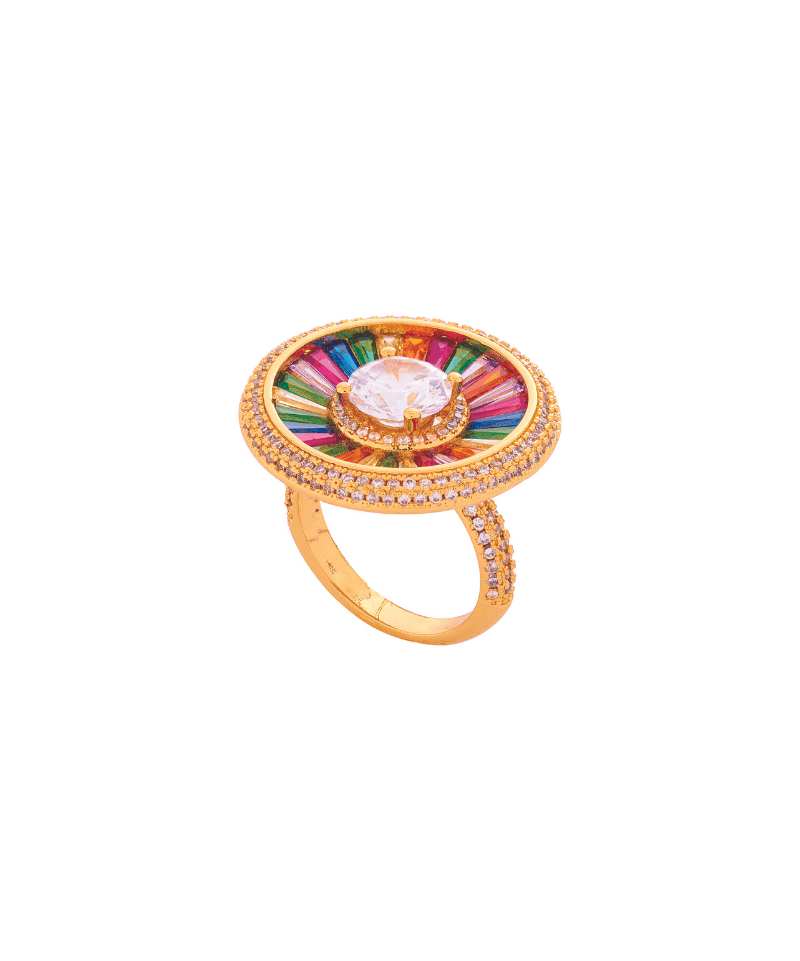 Rainbow Crystal Solitaire Disc Statement Ring - Bansri Mehta Design