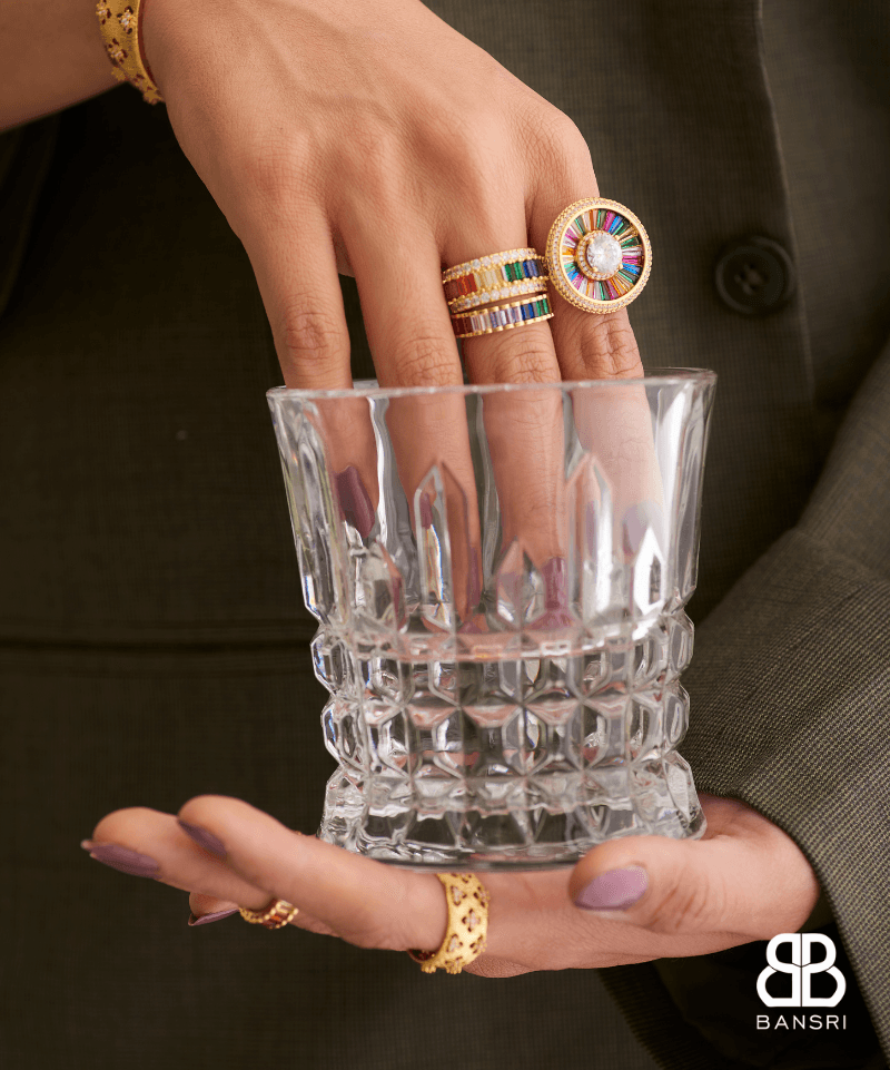 Rainbow Crystal Solitaire Disc Statement Ring - Bansri Mehta Design